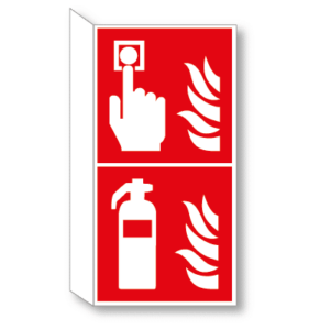 Brandmelder en brandblusser haaks bordje